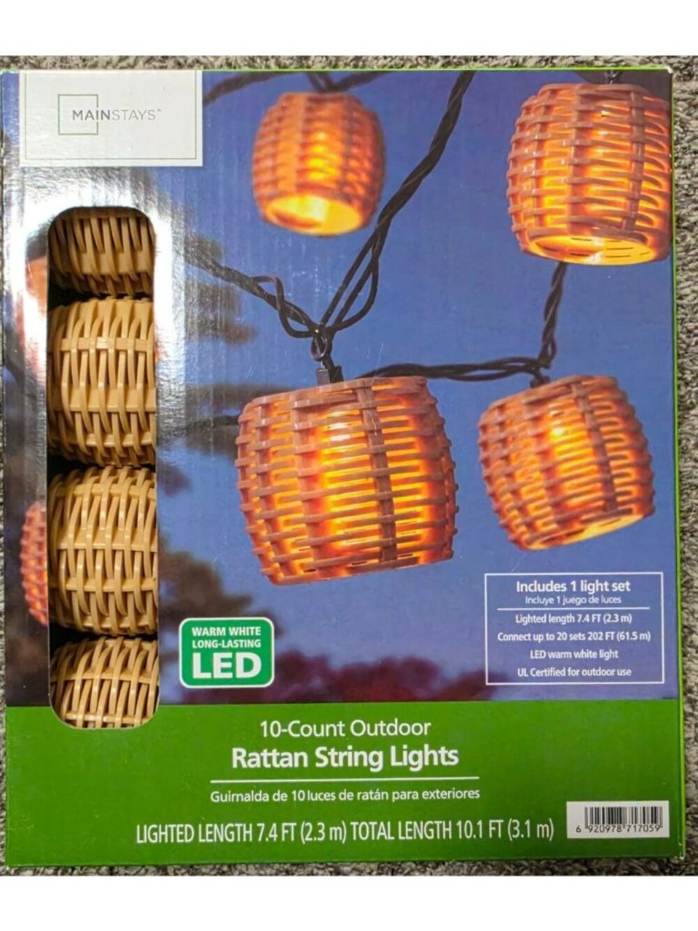 MAINSTAYS 10 LED RATTAN STRING LIGHTS OUTDOOR PATIO BOHO BACKYARD DECOR PLUG IN